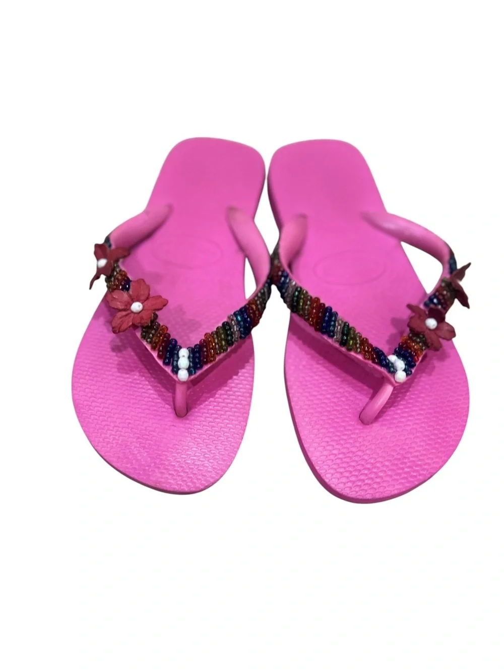 Havaianas Bright Pink Floral Beaded Flip Flops size 8